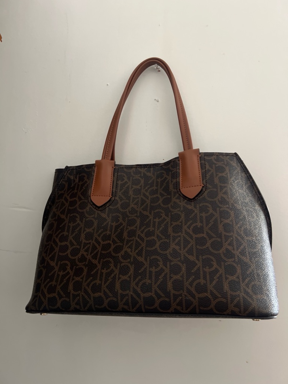 Calvin Klein Monogram Pattern Brown Tote Bag with Tan Handles